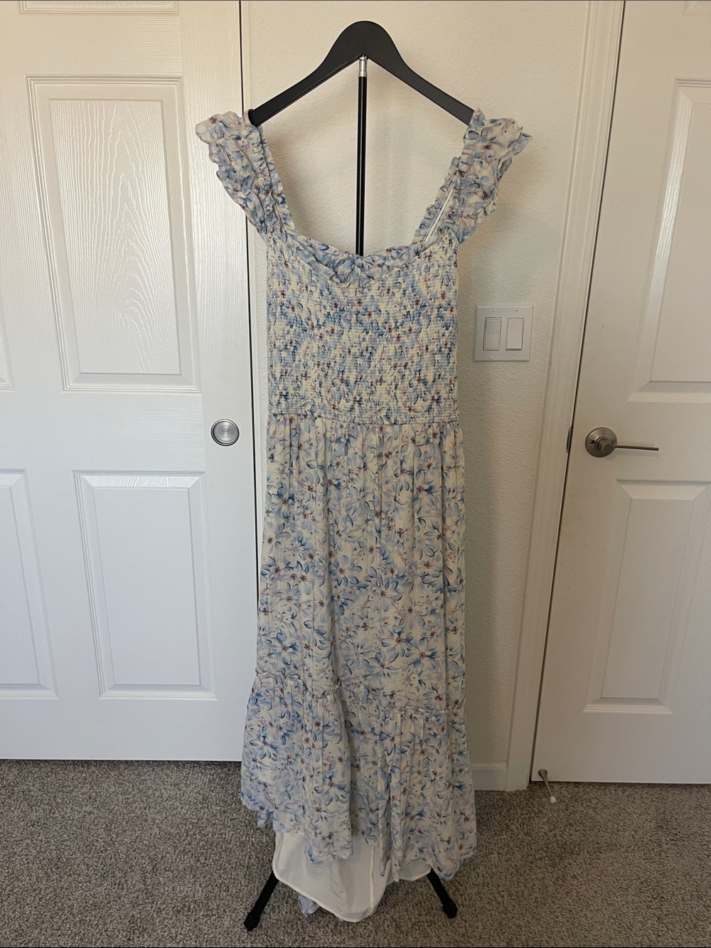 Smocked Open Back Maxi Dress in Light Blue